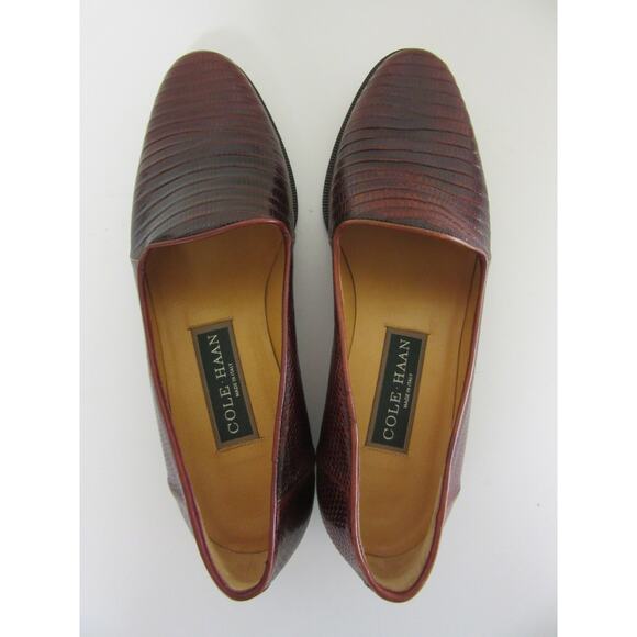 COLE HAAN Brown Leather Vintage Snake Pattern 6 1/2 B Slip On Flat Loafers Italy - Picture 3 of 9